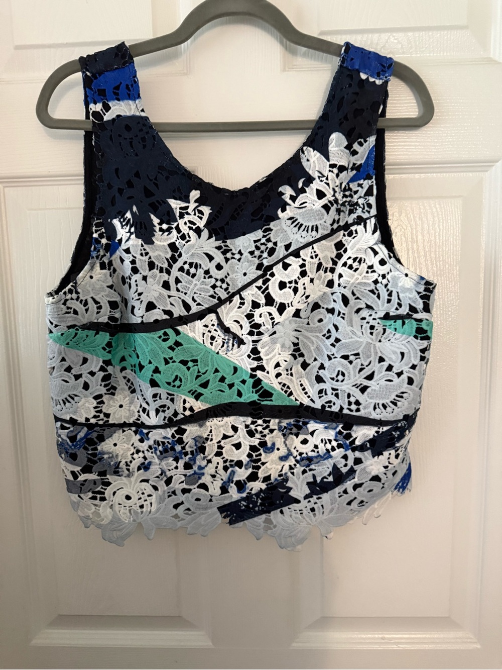 Bar III Navy, White & Teal Lace Overlay Crop Top